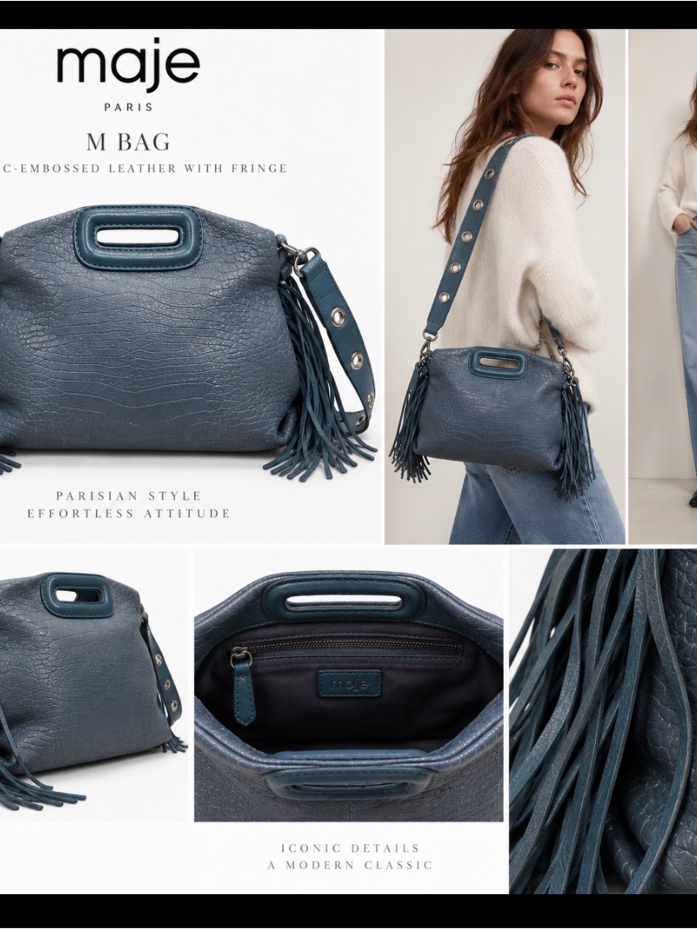 Maje Textured Leather Fringe Shoulder Bag in Slate Blue